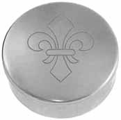 Cap box, 1-3/4" diameter, embossed "fleur-de-lis" engraving, polished nickel silver, made in the U.S.A.